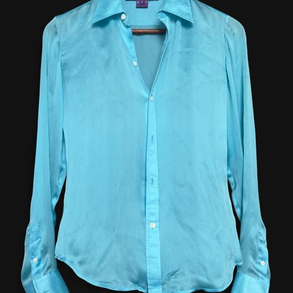 Ralph Lauren Collection Purple Label Aqua Blue 100% Silk Button Down Shirt 2